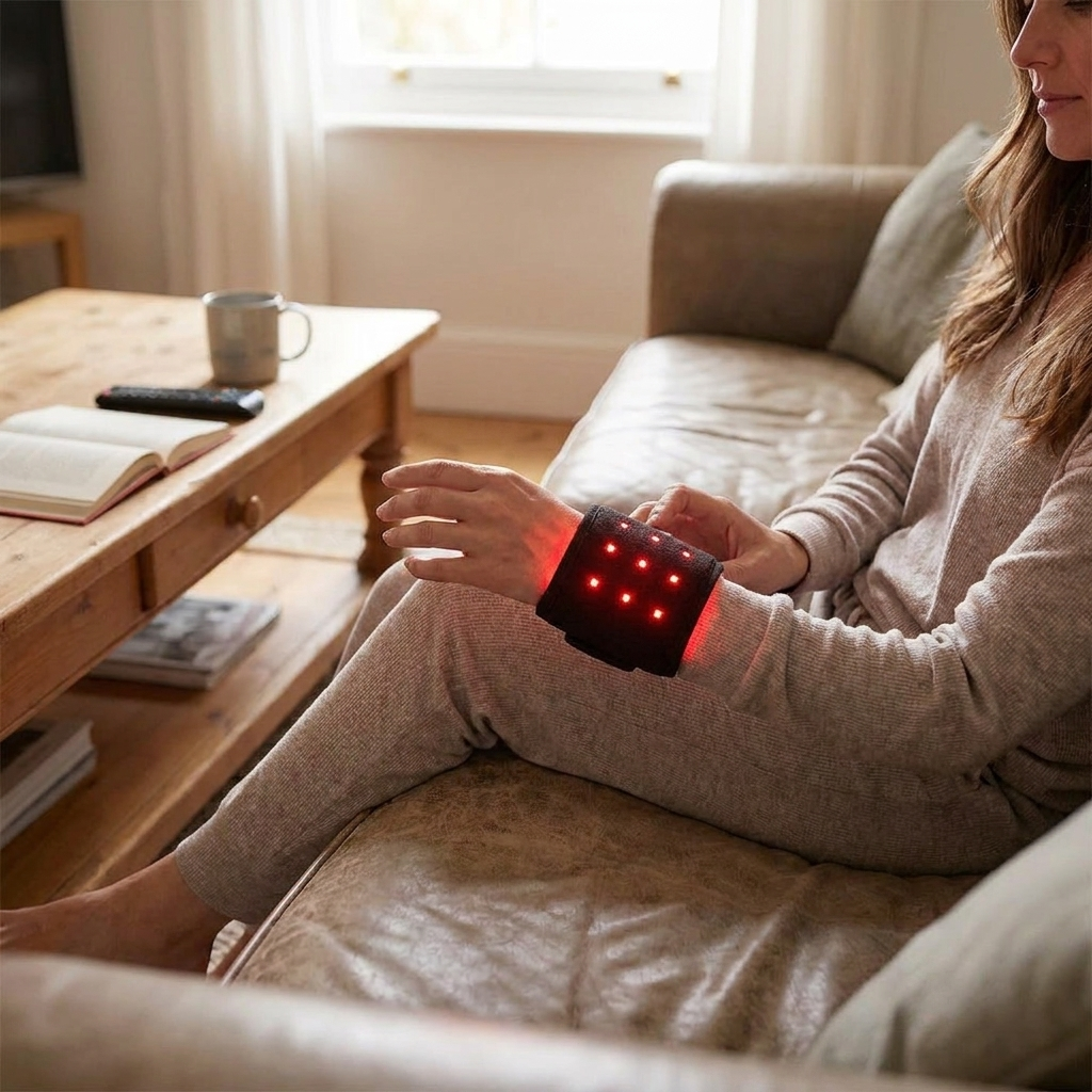 BackWell Red Light Wrist Support Band worn on wrist