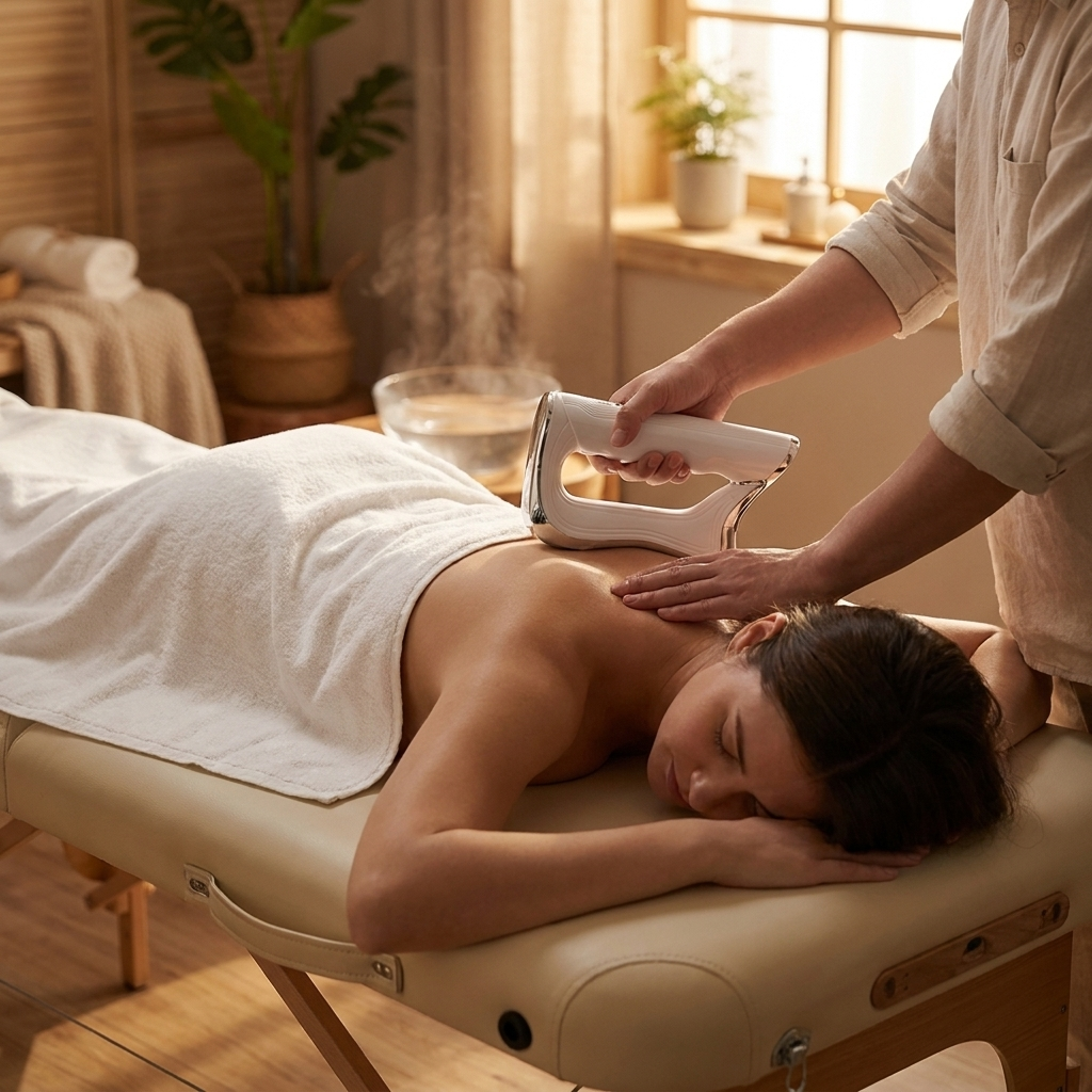 BackWell Cervical Handheld Massager being used on woman's back on massage chair