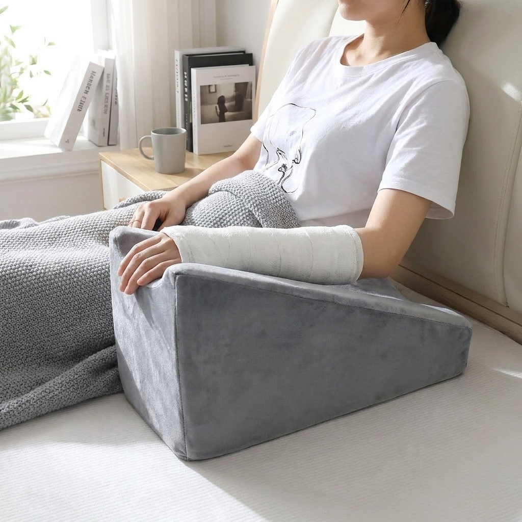 Woman with arm cast resting in gray wedge arm elevation pillow groove
