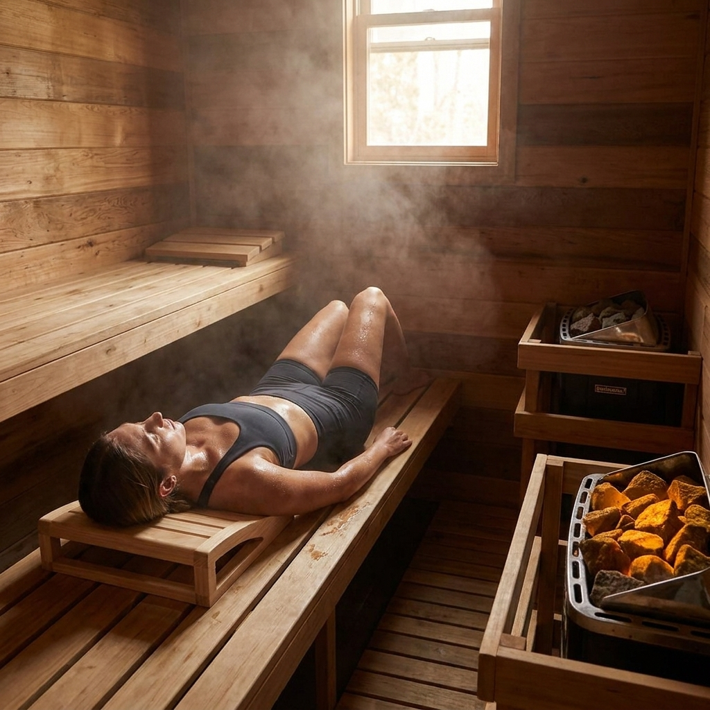 Sweaty woman in gym clothes lying down on BackWell Wooden Sauna Backrest in sauna