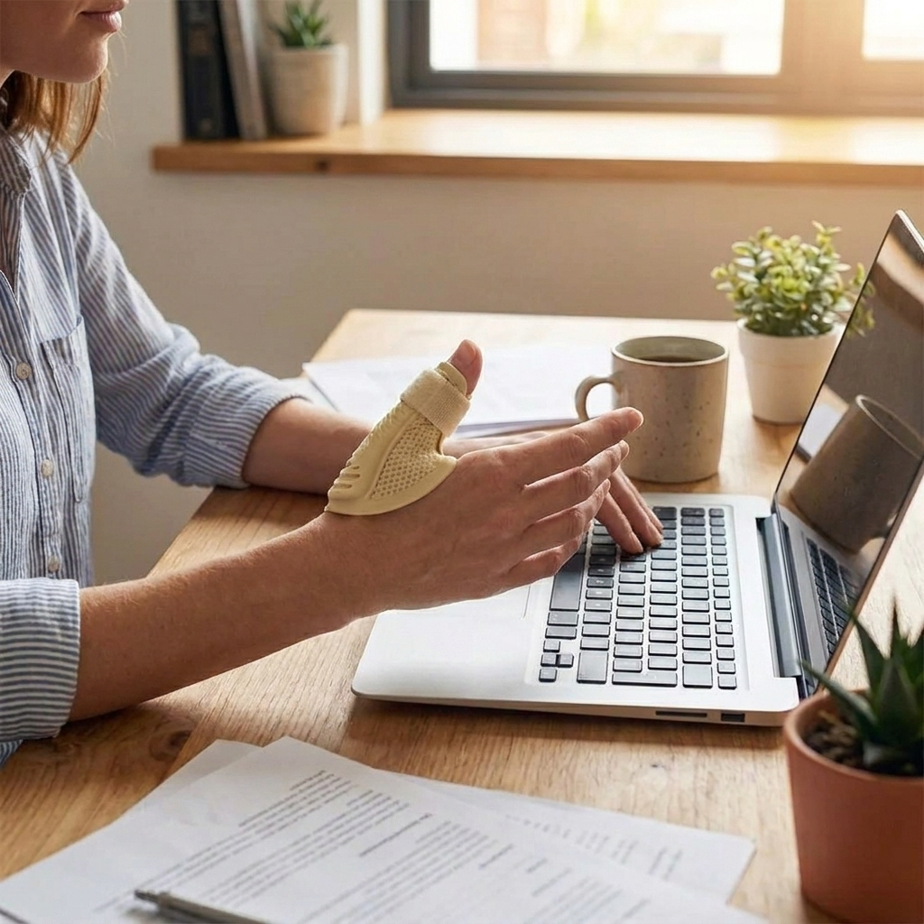 BackWell Thumb Brace worn on thumb, hand on laptop keyboard